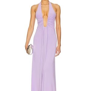 MISHA COLLECTION Purple Backless Gown with Plunge Neckline